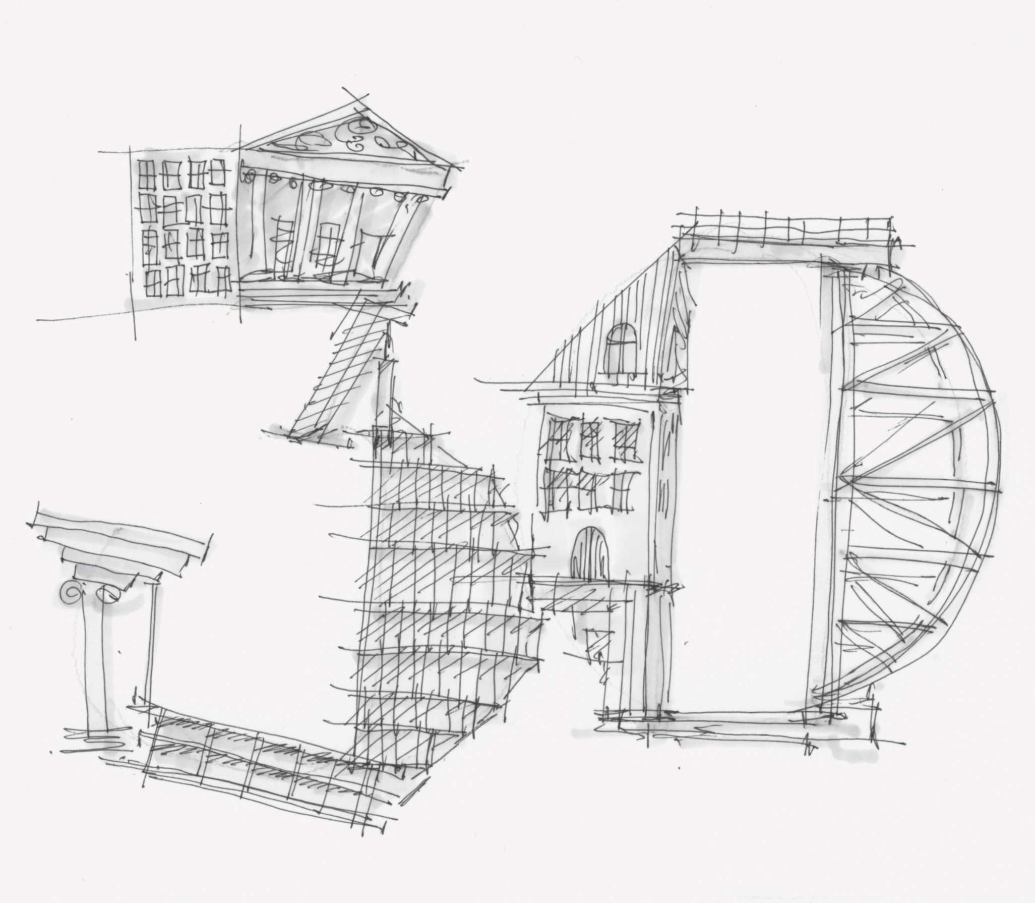 Gezeichnete Zahl 30, zusammengesetzt aus Zeichnungen von Gebäuden